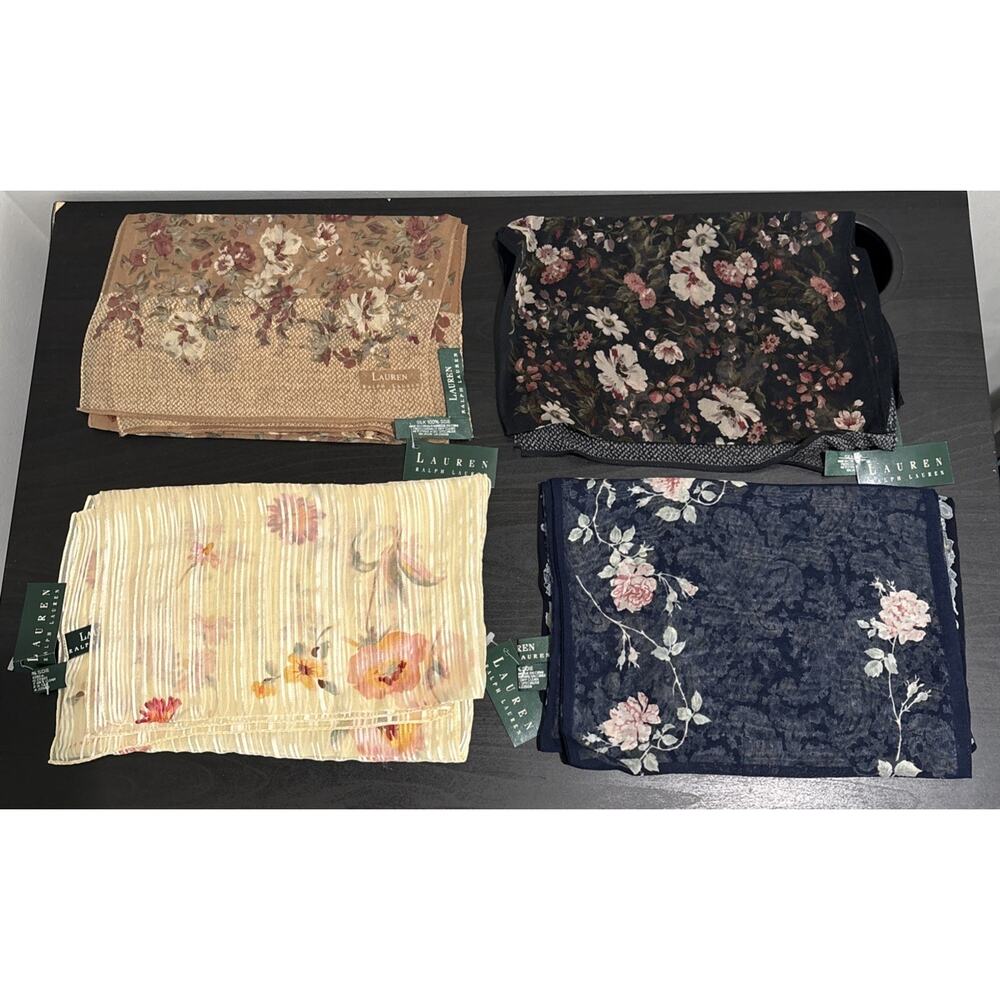 Vtg Lot Of 4 NWT Lauren Ralph Lauren Floral Flowers 100% Silk Long Scarf 52”x11”